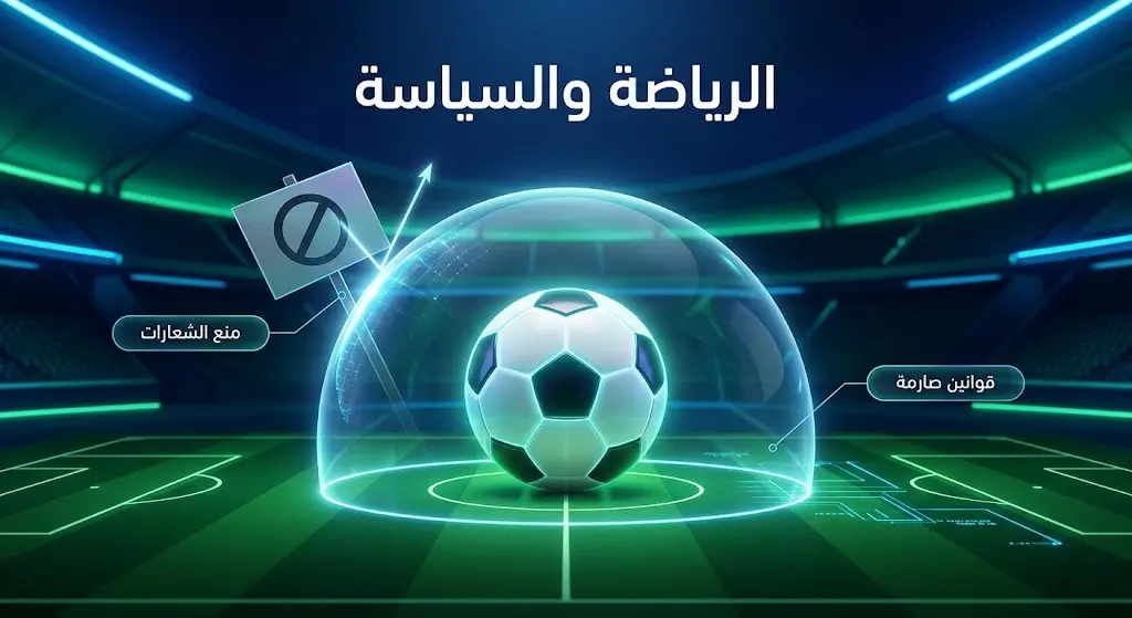 تصميم إنفوجرافيك تعبيري يوضح قوانين الفيفا الصارمة بشأن فصل الرياضة عن السياسة ومنع رفع الشعارات السياسية في الملاعب.