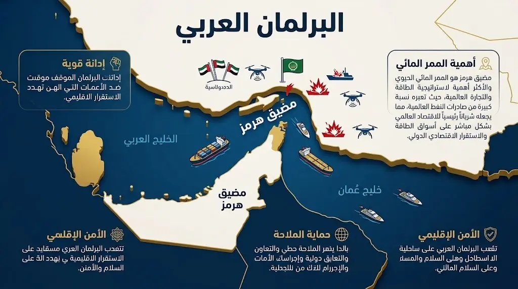 تصميم يبرز موقف البرلمان العربي المندد بالهجمات على السفن التجارية في مضيق هرمز.