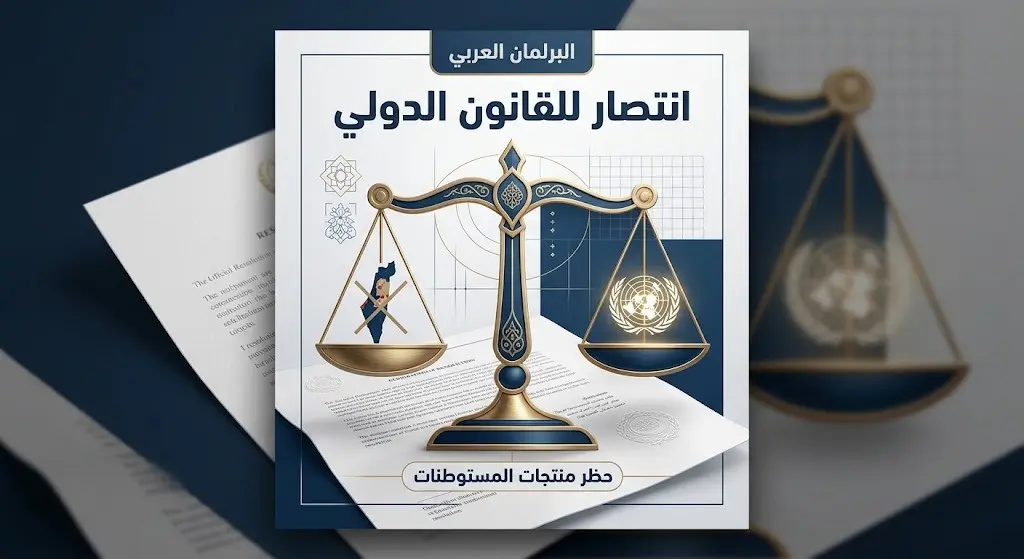 تصميم إنفوجرافيك يجسد موقف البرلمان العربي المرحب بقرار حظر منتجات المستوطنات واعتباره انتصاراً للقانون الدولي