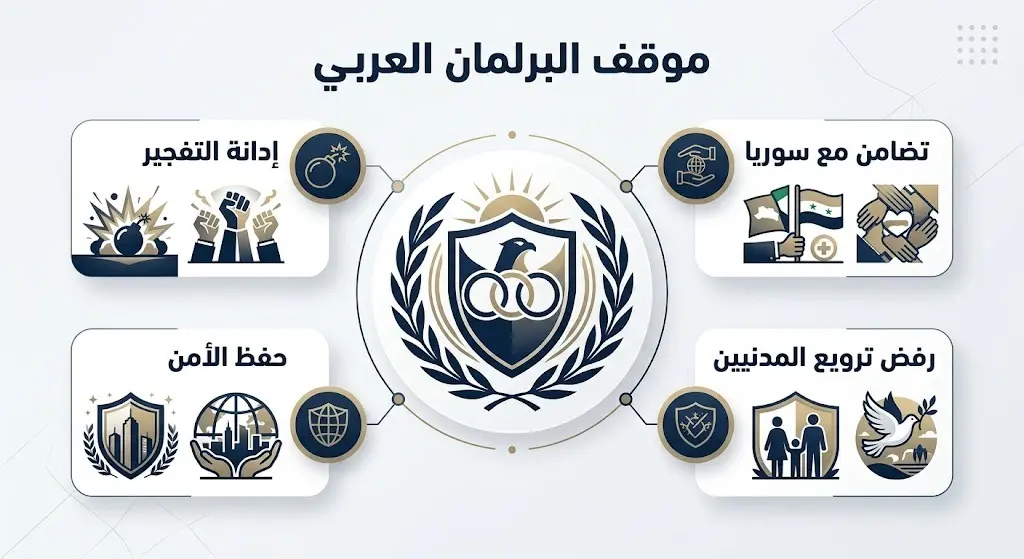 إنفوجرافيك يوضح ثوابت موقف البرلمان العربي تجاه تفجير دمشق المتمثلة في الإدانة والتضامن وحفظ الأمن.