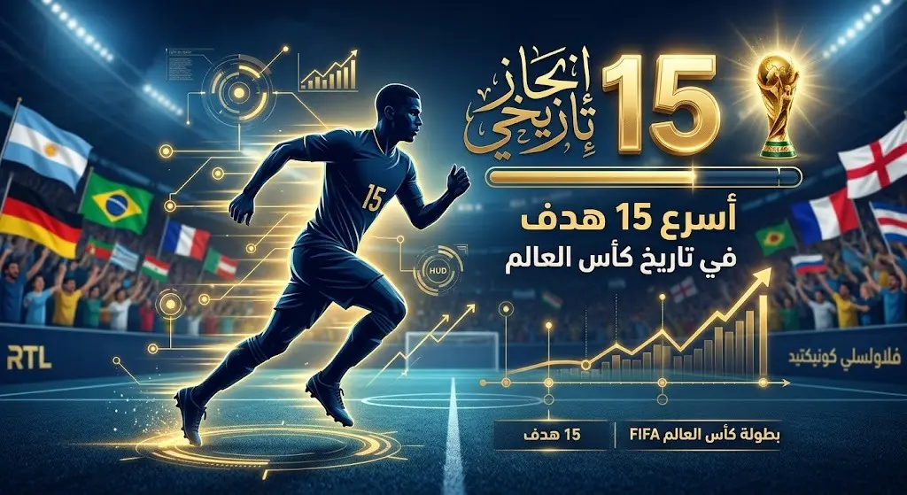 إنفوجرافيك رياضي حديث يستعرض إنجازات مبابي التاريخية بتسجيله أسرع 15 هدفاً في المونديال.