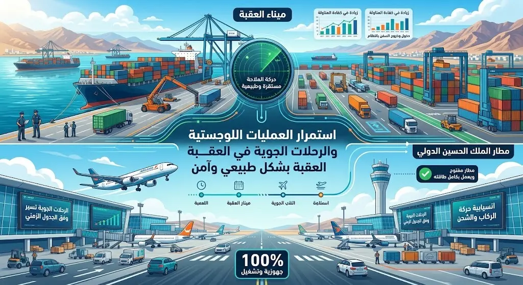 تصميم تعبيري يبرز استمرار الحركة الطبيعية للسفن في ميناء العقبة والطائرات في مطار الملك الحسين الدولي دون توقف.