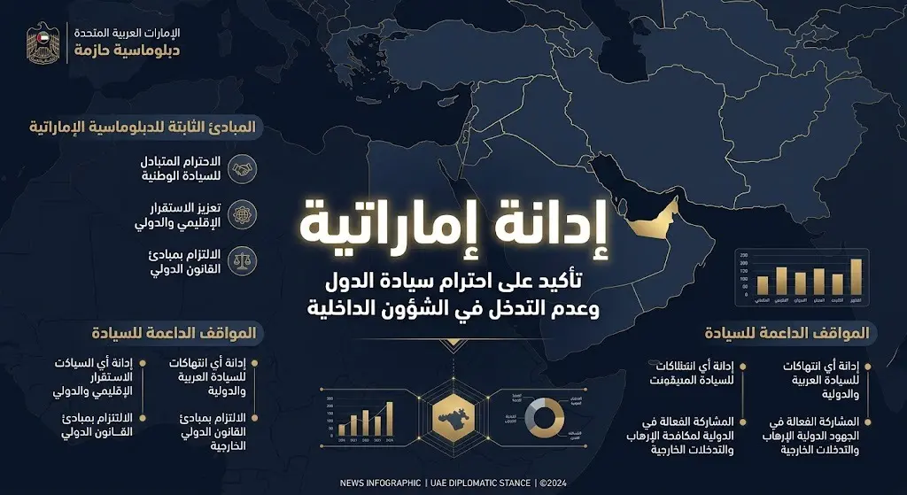 تصميم غرافيكي إخباري يبرز موقف الإمارات الحازم وإدانتها لانتهاك سيادة الدول بخطوط عربية واضحة وتصميم يعكس الدبلوماسية الرسمية.