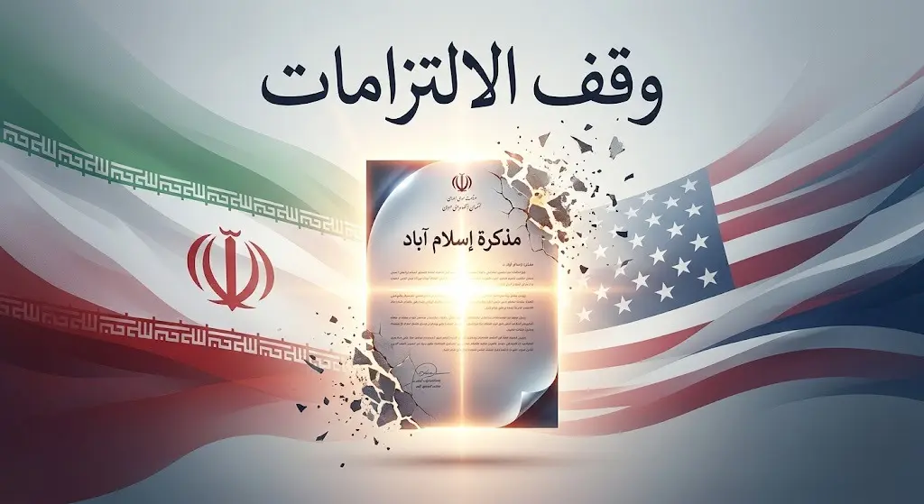 صورة تعبيرية تظهر وثيقة دبلوماسية ممزقة أو معلقة تمثل مذكرة إسلام آباد وتوقف الالتزامات بين طهران وواشنطن.