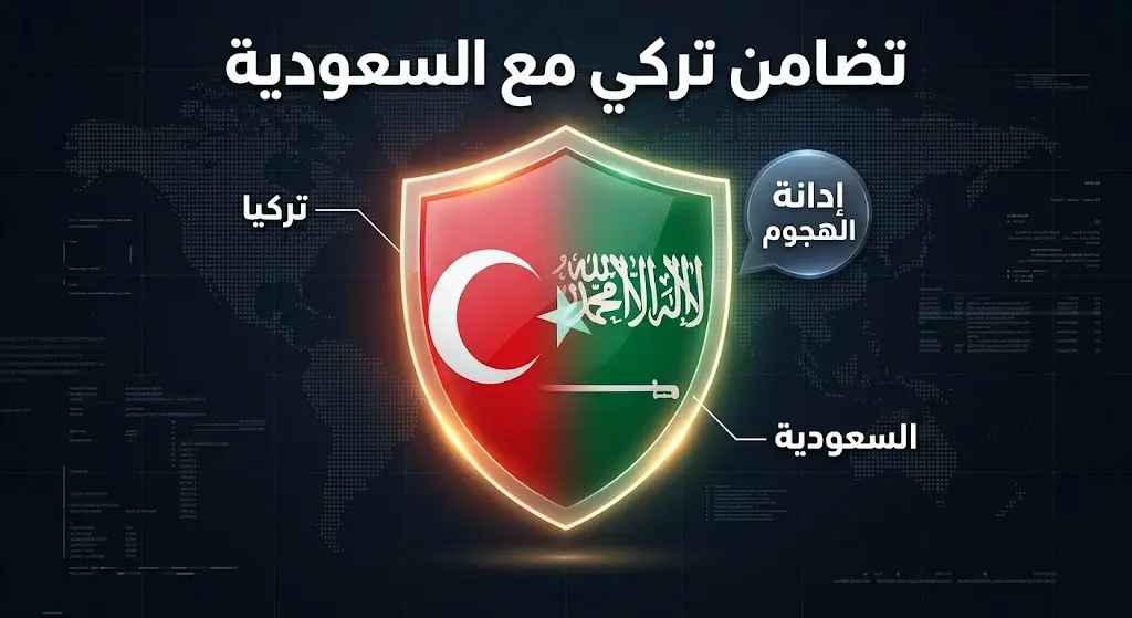 تصميم إخباري احترافي يجسد التضامن الدبلوماسي التركي مع المملكة العربية السعودية في مواجهة الاعتداءات، مع رموز بصرية تشير للحماية والدعم المتبادل.