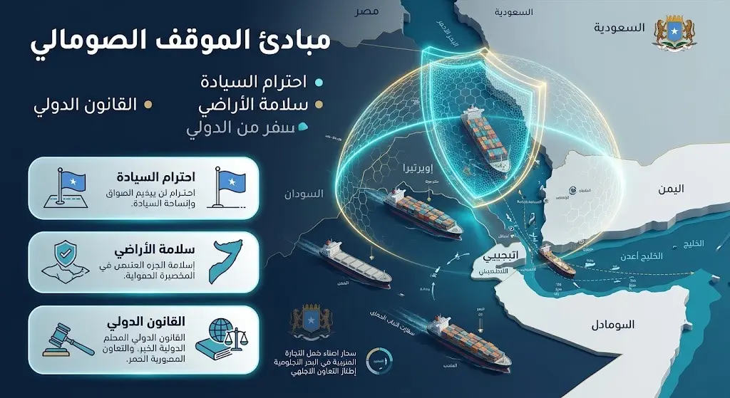 إنفوجرافيك يوضح المبادئ الأساسية التي استندت إليها وزارة الخارجية الصومالية في موقفها الداعم لأمن البحر الأحمر والملاحة الدولية.