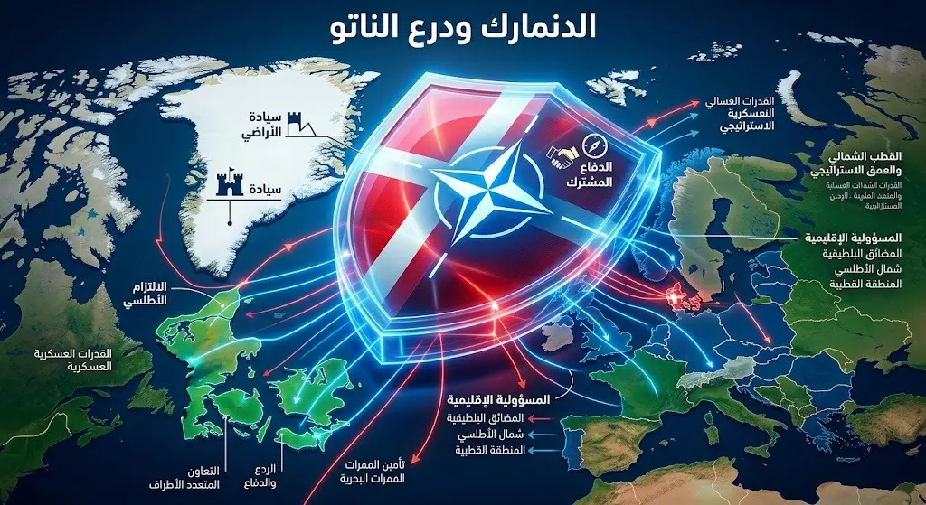 تصميم بصري لدرع متوهج يحمل ألوان علم الدنمارك وشعار الناتو يحمي خريطة مجردة، تعبيراً عن التزام الدنمارك بالدفاع المشترك، مصحوباً بنصوص عربية متصلة ودقيقة.