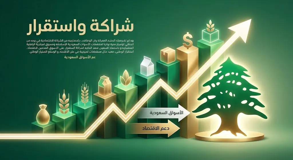 تصميم بصري احترافي يدمج بين شجرة الأرز اللبنانية ورسوم بيانية لنمو الصادرات، تعبيراً عن الشراكة الاقتصادية وفتح الأسواق.
