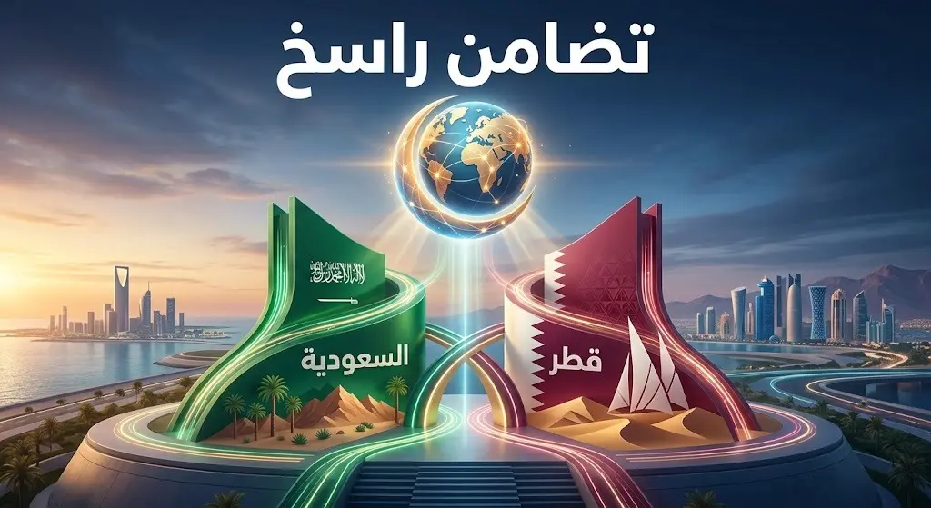 تصميم فني يبرز التضامن الوثيق بين السعودية وقطر بدعم من رابطة العالم الإسلامي لحفظ الأمن الإقليمي.
