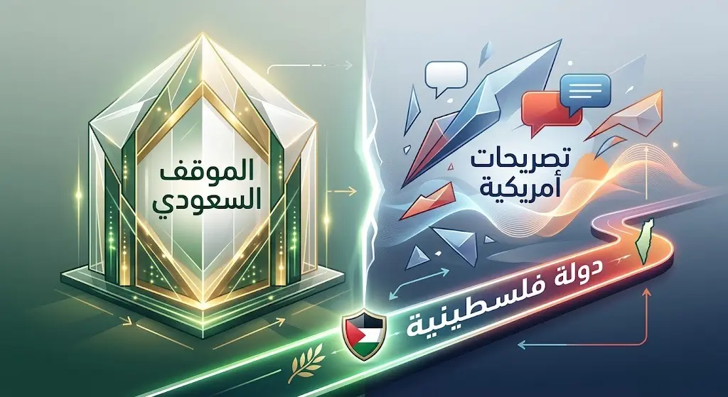 تصميم تعبيري يبرز ثبات الموقف السعودي واشتراط تأسيس مسار موثوق لقيام دولة فلسطينية.