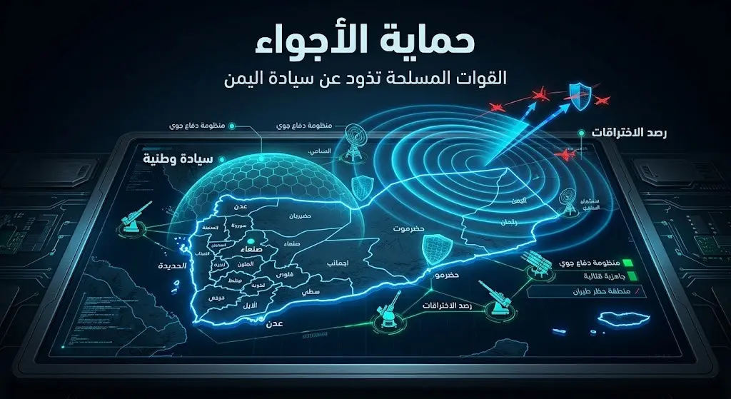 تصميم تعبيري لدرع سيادي ورادار رصد يبرز موقف القوات المسلحة اليمنية في الدفاع عن مجالها الجوي.