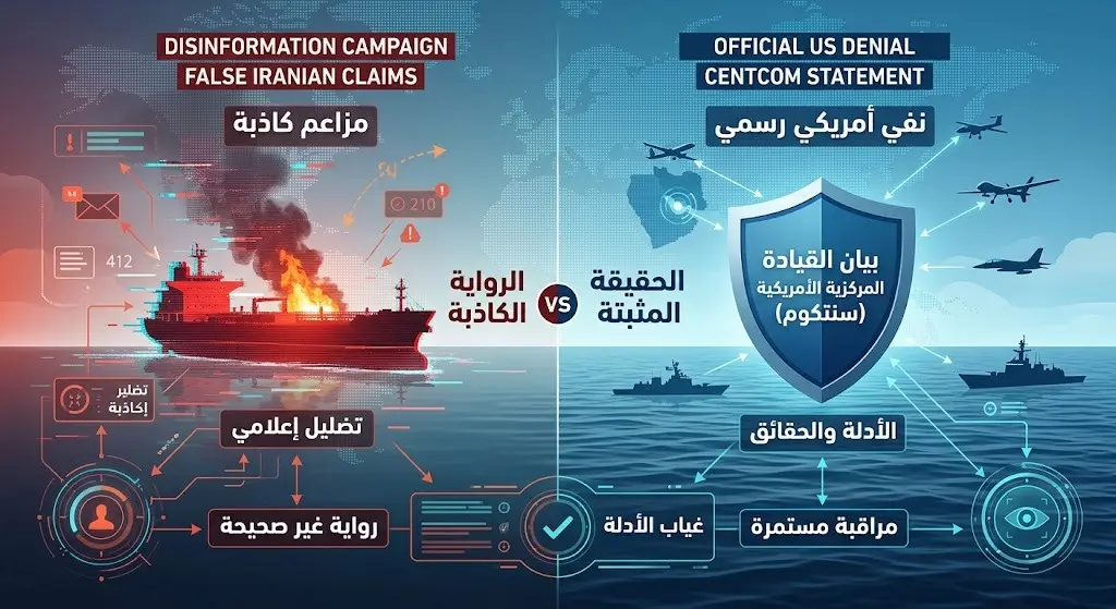 تصميم معلوماتي يبرز نفي القيادة المركزية الأمريكية لادعاءات الحرس الثوري حول انفجار الناقلتين.