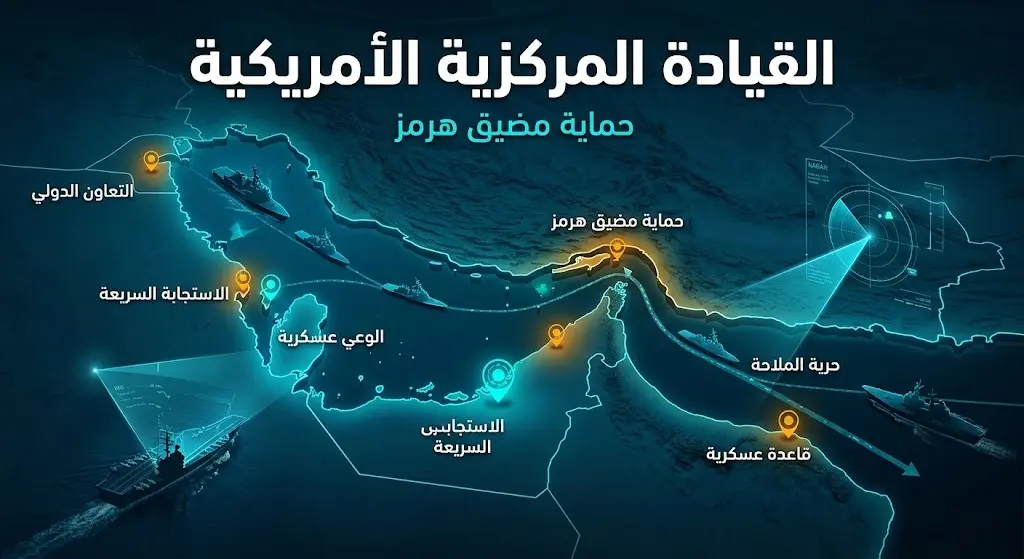 تصميم إخباري يوضح دور القيادة المركزية الأمريكية في تنفيذ ضربات لحماية حرية الملاحة في مضيق هرمز، مع خريطة تكتيكية للمضيق وعناصر عسكرية ومسميات واضحة باللغة العربية.
