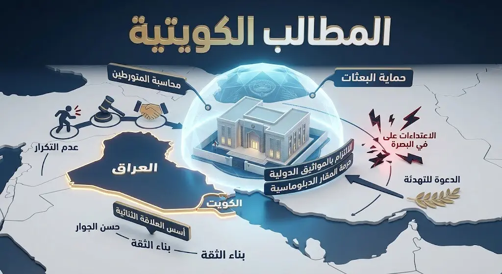 تصميم إنفوجرافيك ثلاثي الأبعاد يوضح المطالب الكويتية للعراق بضرورة حماية القنصلية في البصرة وتأمين البعثات الدبلوماسية.