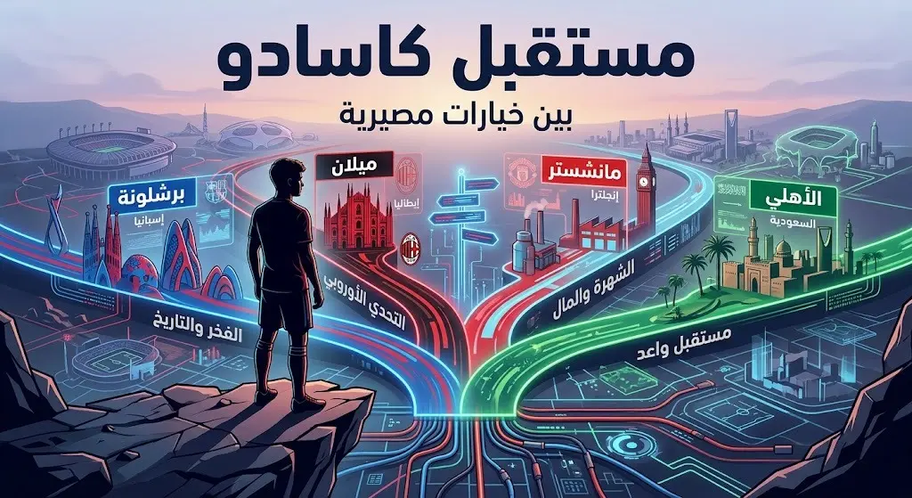 تصميم إبداعي يظهر اللاعب كاسادو أمام خيارات متعددة بين البقاء مع برشلونة أو الانتقال لأندية أوروبية وسعودية.