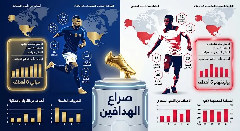 تصميم إنفوجرافيك رياضي يقارن بين رصيد أهداف كيليان مبابي وجود بيلينغهام في سباق الحذاء الذهبي لكأس العالم 2026.