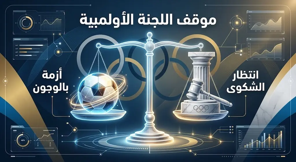 تصميم بصري يعبر عن موقف اللجنة الأولمبية الدولية بانتظار الشكوى الرسمية للتحقيق في أحداث كأس العالم 2026 وأزمة اللاعب بالوجون.