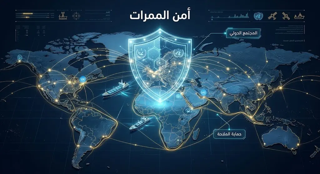 تصميم تعبيري لدرع حماية إلكتروني مضيء فوق خريطة الممرات المائية يعبر عن الموقف الدولي الحازم.