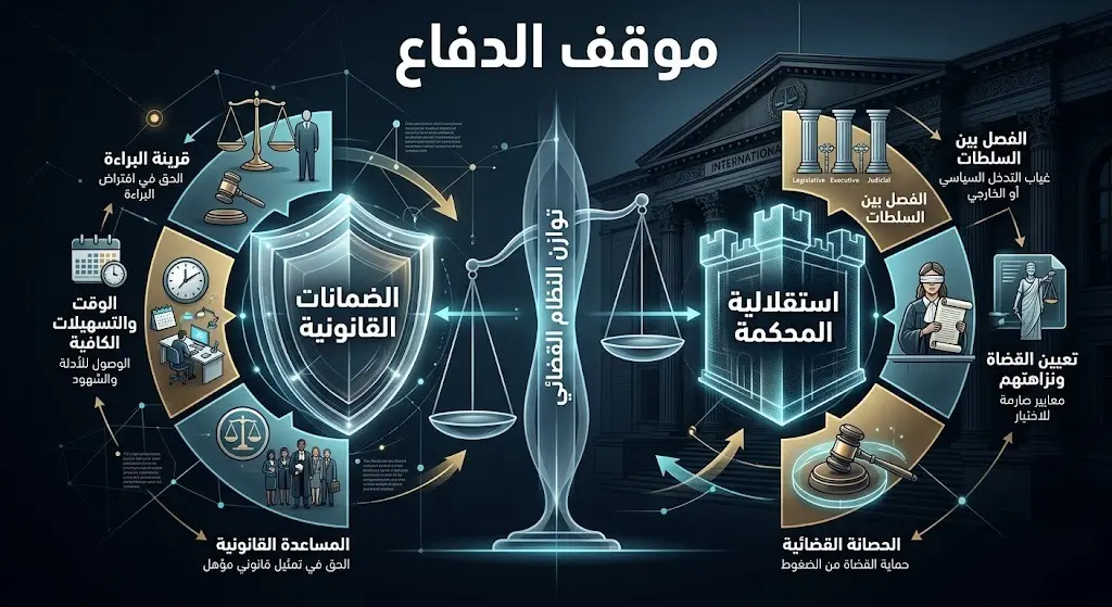 تصميم بصري تعبيري يجسد موقف الفريق القانوني للمدعي العام، مبرزاً المطالبة بالضمانات القانونية العادلة والتحذير من المساس باستقلالية المحكمة الجنائية الدولية.