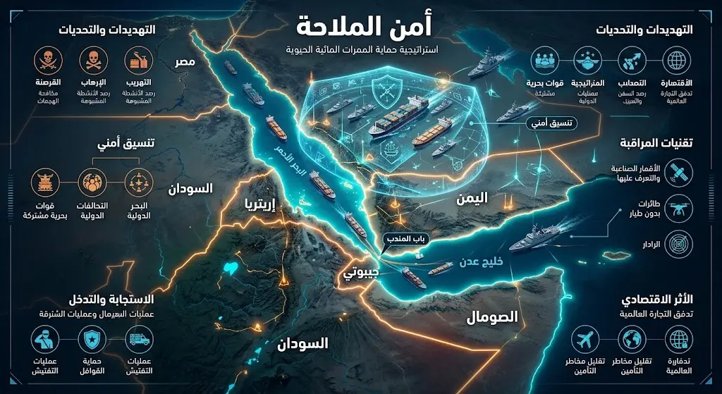 خريطة تعبيرية تظهر مضيق باب المندب مع درع حماية يرمز للتنسيق الأمني لضمان سلامة الملاحة البحرية