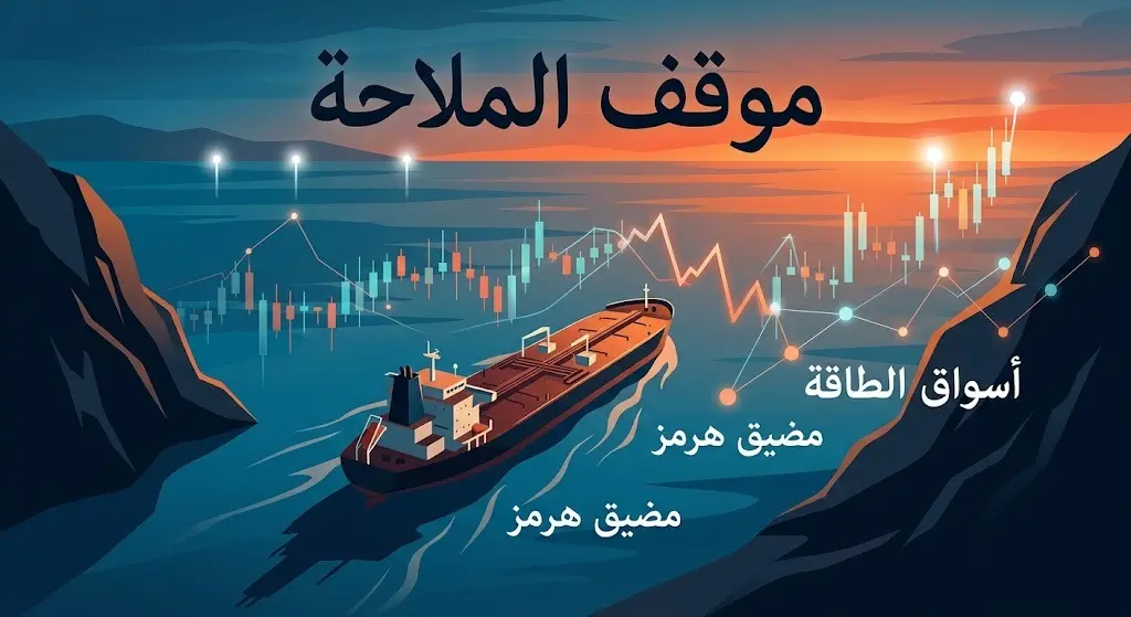 تصميم تعبيري يدمج بين حركة ناقلات النفط في مضيق هرمز ومؤشرات أسواق الطاقة المتقلبة.