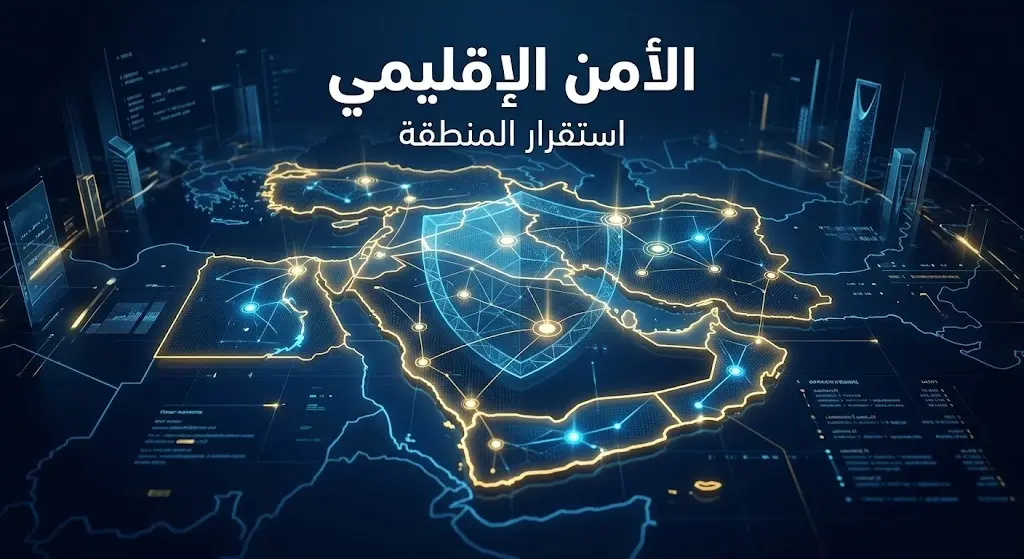 تصميم تعبيري يبرز جهود المملكة العربية السعودية في دعم الأمن الإقليمي واستقرار منطقة الشرق الأوسط.