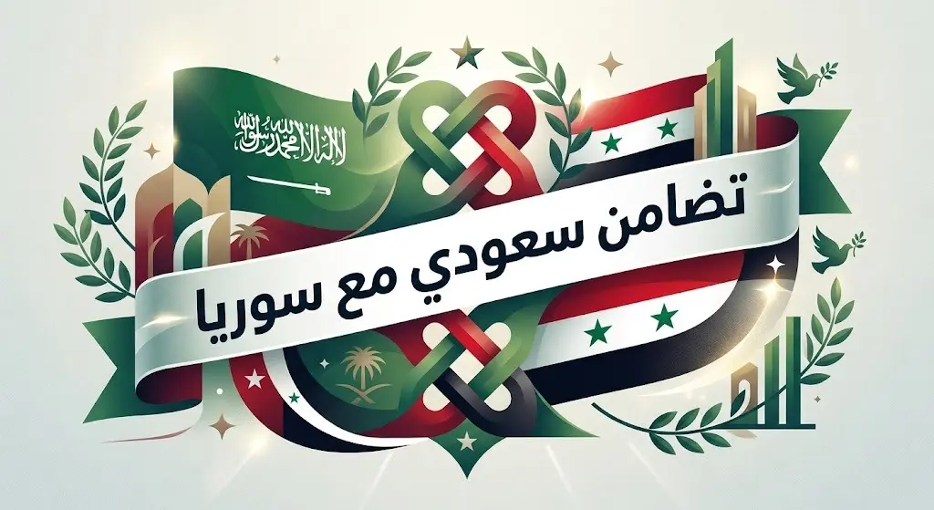 تصميم غرافيكي يجسد التضامن الدبلوماسي بين المملكة العربية السعودية وسوريا ضد الإرهاب.