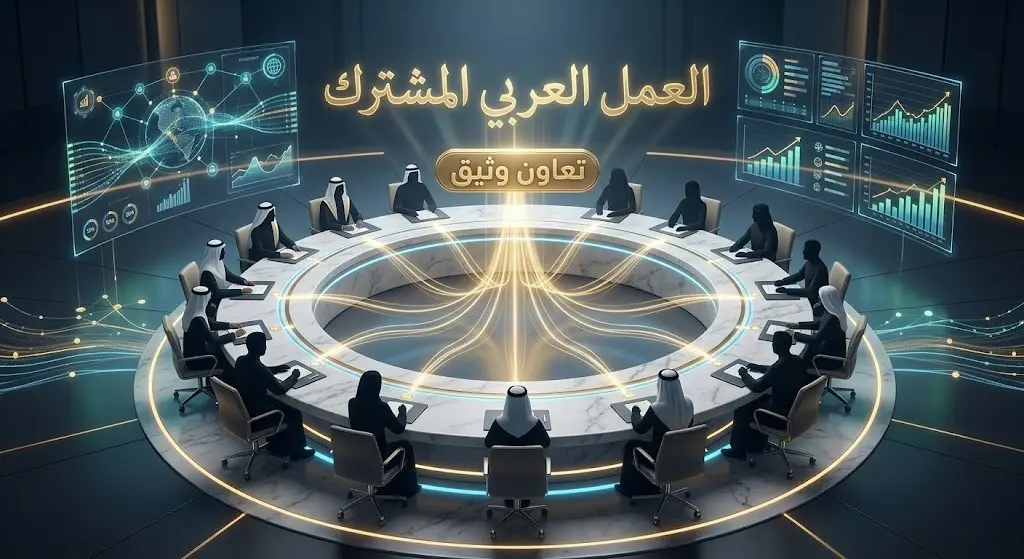 مشهد تعبيري يجسد طاولة اجتماعات حديثة ترمز للوحدة الدبلوماسية والتفاف المندوبين حول أهداف العمل العربي المشترك.