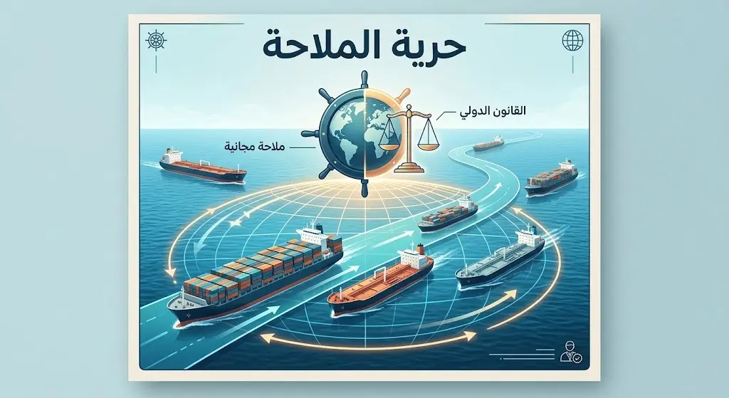 تصميم تعبيري يبرز موقف المنظمة البحرية الدولية الثابت في دعم حرية الملاحة ورفض فرض أي رسوم على السفن التجارية.