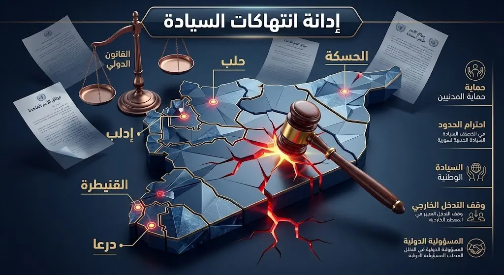 تصميم إنفوجرافيك تعبيري يوضح إدانة المنظمة للانتهاكات في محافظتي درعا والقنيطرة ويبرز التمسك بالقانون الدولي.