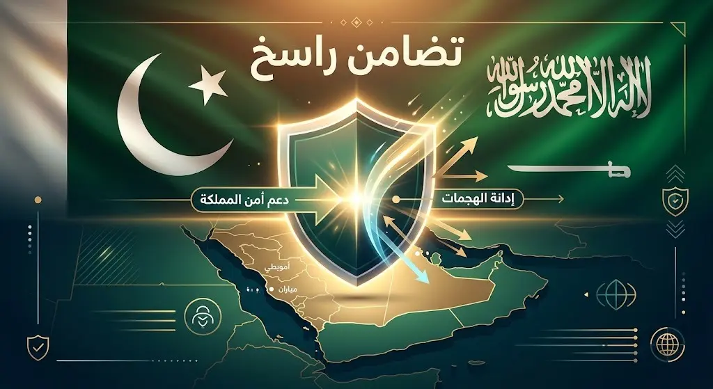 تصميم بصري احترافي يدمج بين علمي باكستان والسعودية مع درع رمزي، مصحوباً بنصوص عربية واضحة تؤكد التضامن الراسخ ودعم أمن المملكة.