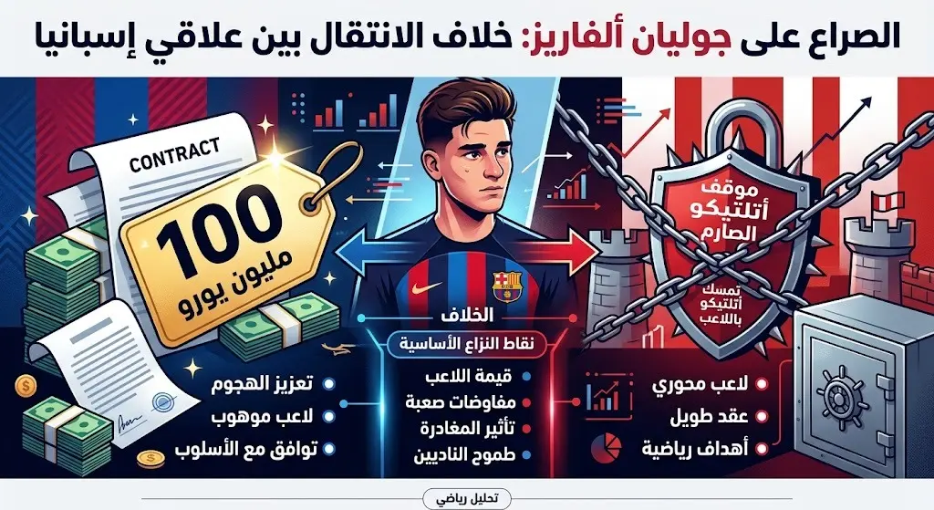 إنفوجرافيك يوضح الخلاف بين برشلونة وأتلتيكو مدريد حول قيمة انتقال جوليان ألفاريز والبالغة 100 مليون يورو.