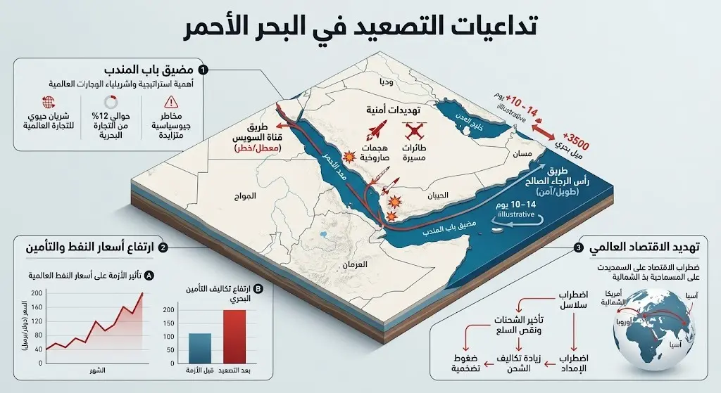 إنفوجرافيك صحفي يوضح تداعيات التصعيد في البحر الأحمر ومضيق باب المندب على حركة الملاحة الدولية وأسعار النفط والتأمين البحري.