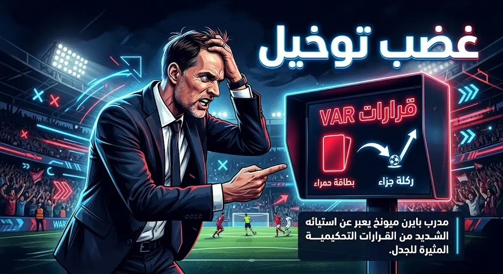 تصميم تعبيري يظهر استياء المدرب توماس توخيل من قرارات تقنية الفيديو المتعلقة بالطرد وركلة الجزاء في مباراة المكسيك.