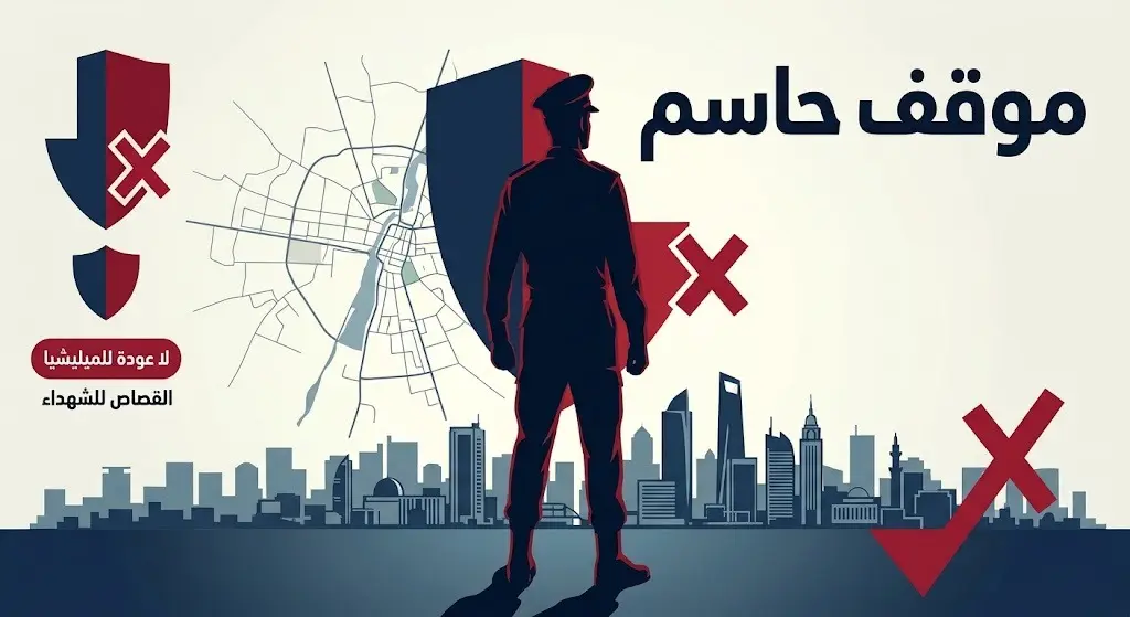 تصميم إنفوجرافيك احترافي يجسد الحسم العسكري، يعرض خريطة رمزية مع إشارات قاطعة ترفض عودة الميليشيات وتؤكد على وعود القصاص للشهداء.