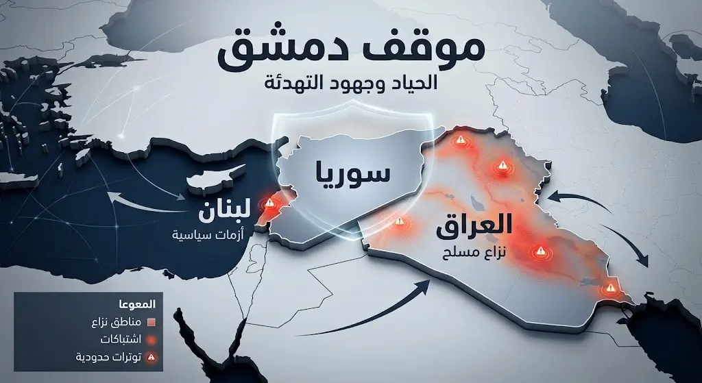 خريطة إنفوجرافيك توضح موقع سوريا الجغرافي وسط بؤر الصراع المشتعلة في لبنان والعراق مع إبراز حالة الحياد.