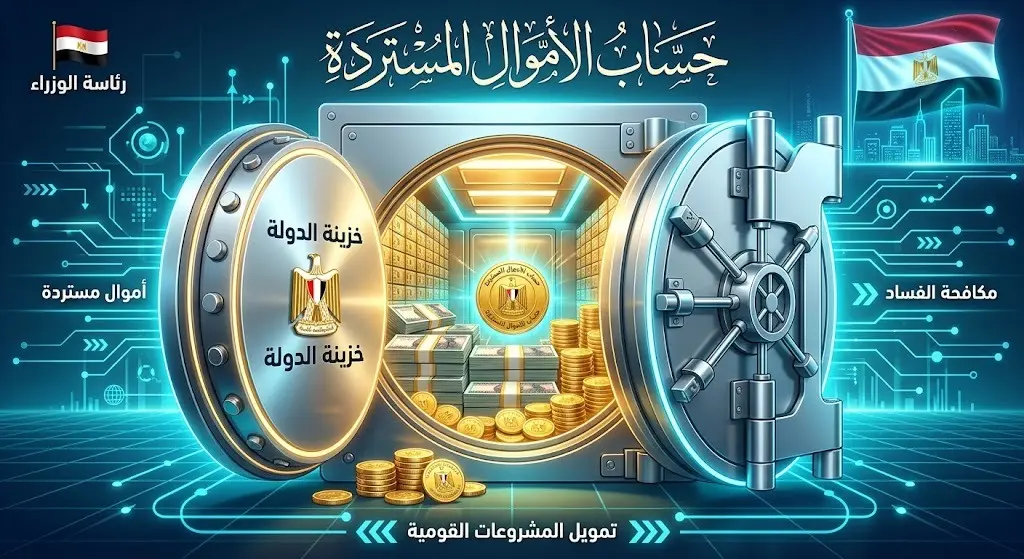 تصميم تعبيري يجسد قرار رئاسة الوزراء بإنشاء حساب خاص لإيداع الأموال المستردة من قضايا الفساد لحماية الخزينة العامة