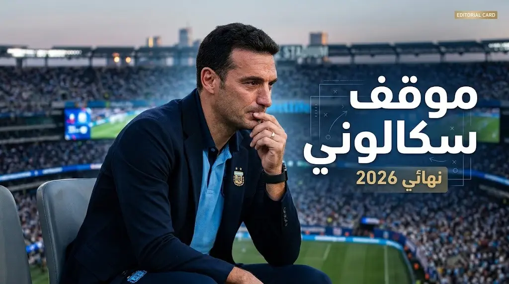 صورة تعبيرية للمدرب سكالوني يظهر عليه التأثر والتفكير العميق وخلفه أضواء ملعب نيوجيرسي مع نص عربي يوضح موقفه بعد نهائي 2026.