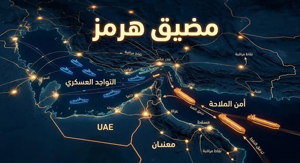 تصميم إنفوجرافيك استراتيجي يوضح خريطة مضيق هرمز والتوترات العسكرية وحركة الملاحة فيه.