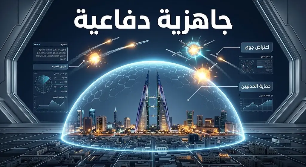 إنفوجرافيك تعبيري يجسد جاهزية قوة دفاع البحرين ومنظومات الدفاع الجوي في اعتراض الهجمات الجوية وحماية سماء المملكة، مع درع تقني مضيء ونصوص عربية توضيحية.
