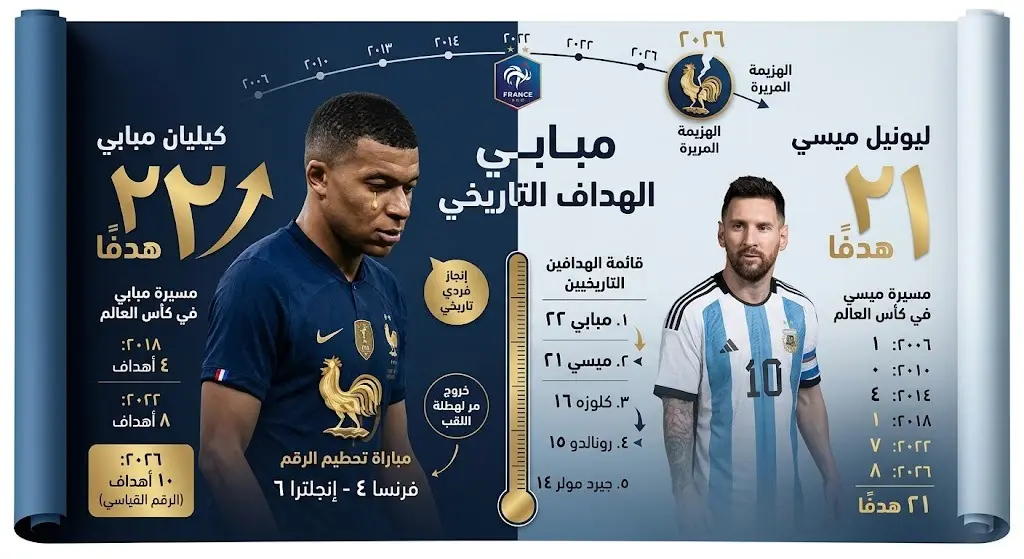 إنفوجرافيك يوضح تجاوز كيليان مبابي لليونيل ميسي ليصبح الهداف التاريخي لكأس العالم بتصميم احترافي