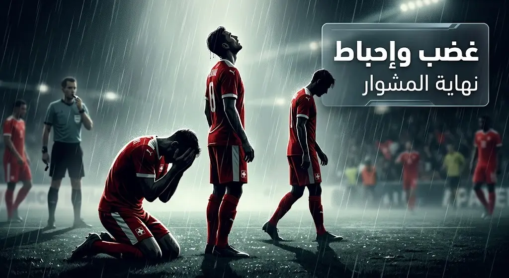 مشهد درامي يعكس إحباط لاعبي المنتخب السويسري وسقوطهم على أرض الملعب حزناً بعد إطلاق صافرة النهاية.