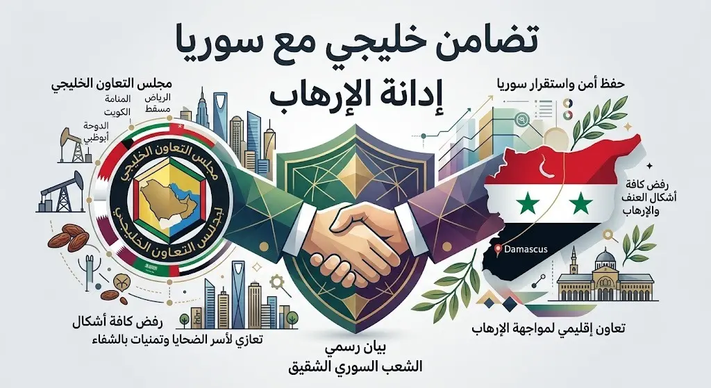 إنفوجرافيك إخباري يوضح الموقف الرسمي لمجلس التعاون الخليجي المتضامن مع سوريا والمندد بالهجوم الإرهابي في دمشق.