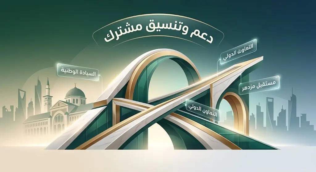 تصميم بصري يجسد جسور التعاون الدبلوماسي بين مجلس التعاون وسوريا لدعم السيادة والازدهار المشترك.