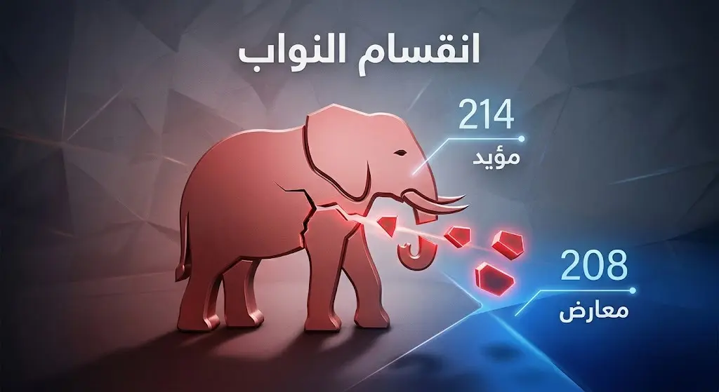 تصميم تعبيري لنتائج تصويت مجلس النواب بـ 214 مقابل 208، يبرز انضمام 4 نواب جمهوريين للديمقراطيين لتأييد القرار.