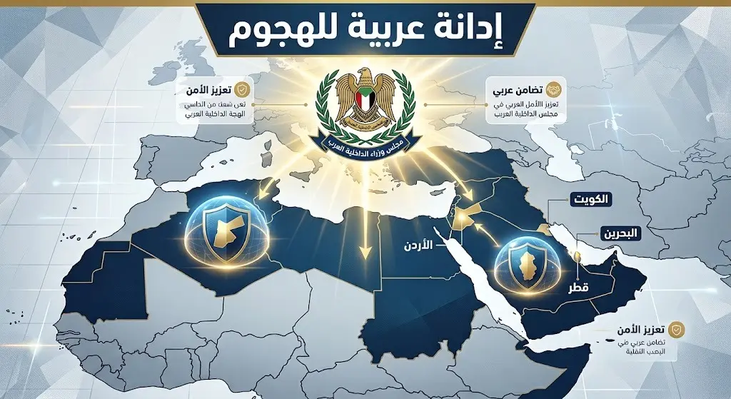 إنفوجرافيك احترافي يوضح خريطة الدول الأربع المستهدفة: الأردن، البحرين، قطر، والكويت، مع درع أمني يمثل إدانة مجلس وزراء الداخلية العرب وتضامنه.