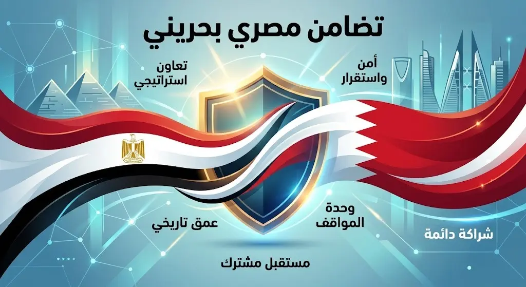 تصميم فني يجسد التضامن المصري البحريني من خلال دمج رمزي لعلمي البلدين مع درع يعبر عن حماية السيادة وتأكيد الموقف الحازم.