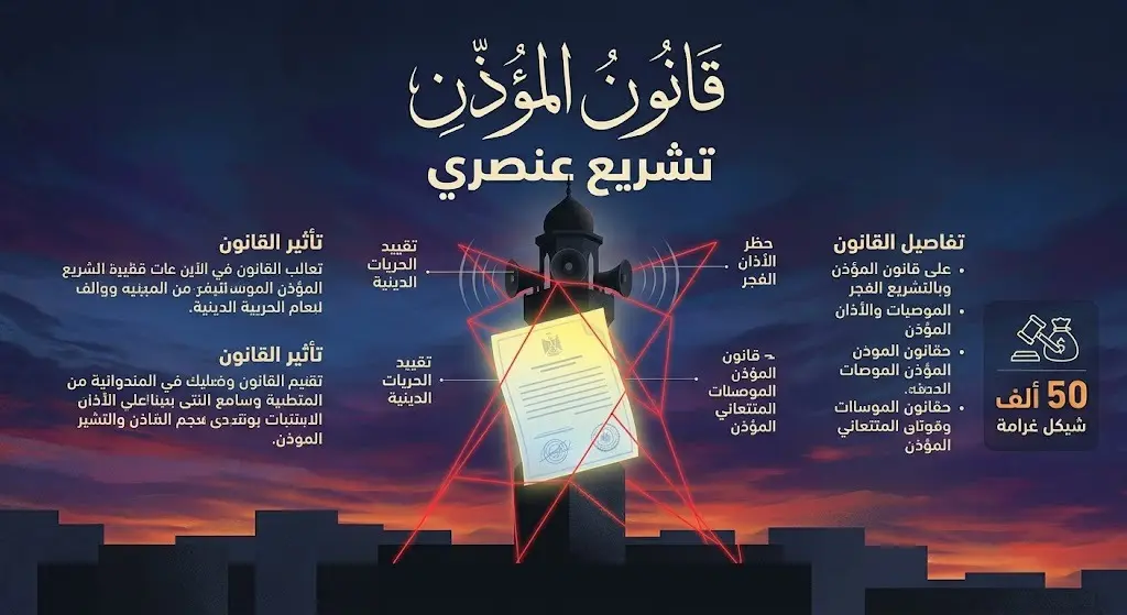 تصميم تعبيري يجسد تداعيات قانون المؤذن الإسرائيلي وتقييد حرية العبادة وتغريم المساجد.