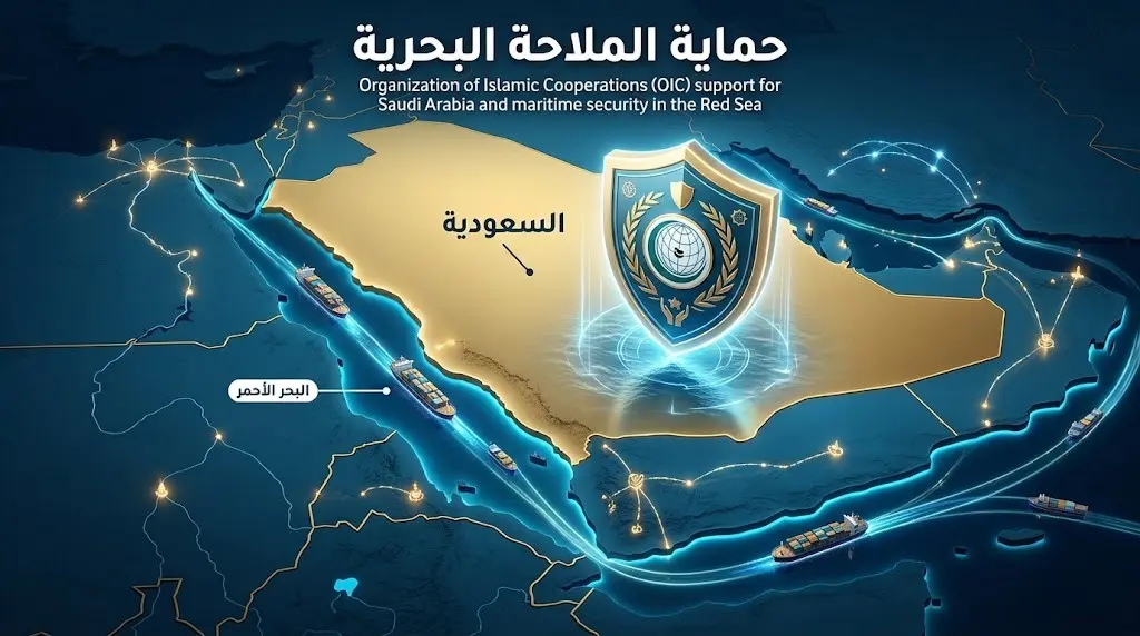 خريطة ثلاثية الأبعاد للبحر الأحمر والمملكة العربية السعودية تبرز أهمية حماية الملاحة البحرية والتجارة الدولية بأسلوب إنفوجرافيك حديث.