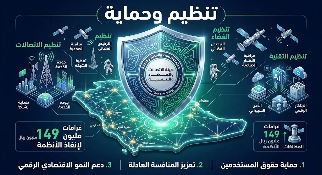 رسم تعبيري يظهر درعاً رقمياً يحمي شبكة اتصالات متميزة، مع نصوص عربية تشير إلى دور هيئة الاتصالات الرقابي وغرامات ضمان الجودة لحماية المستخدمين.